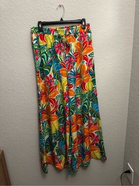 Pink Lily Vibrant Tropical Wide Leg Pants in Orange, Pink, Green, Blue